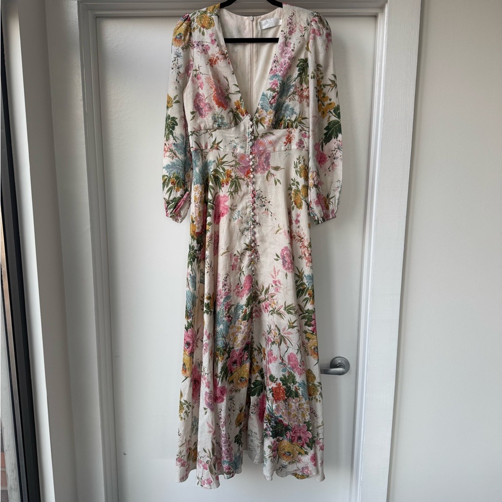 Zimmermann Cream Maxi Dress with Pink and Green Floral Print